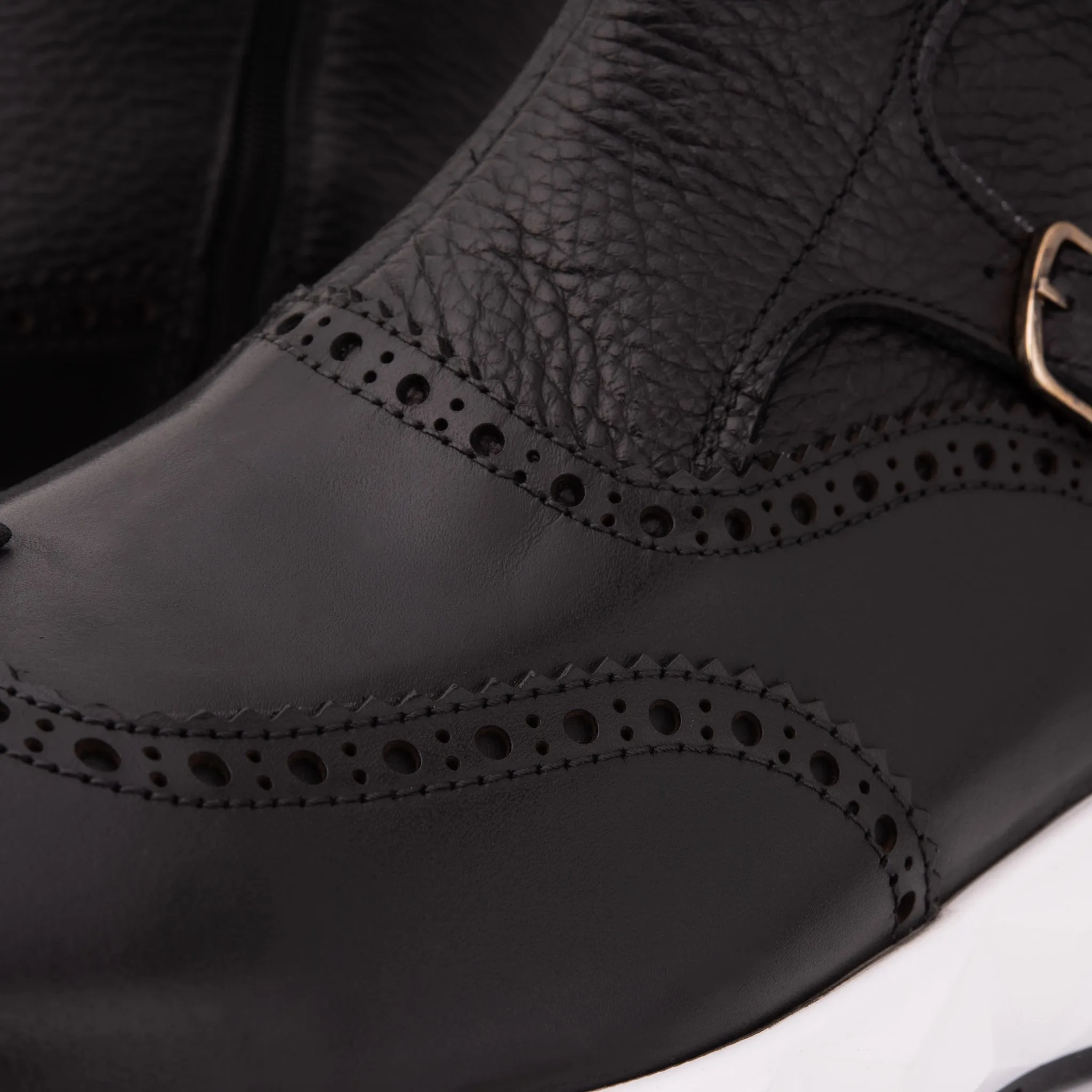 The Stealth Wingtip Buckle Black Leather Men Boot Patchwork