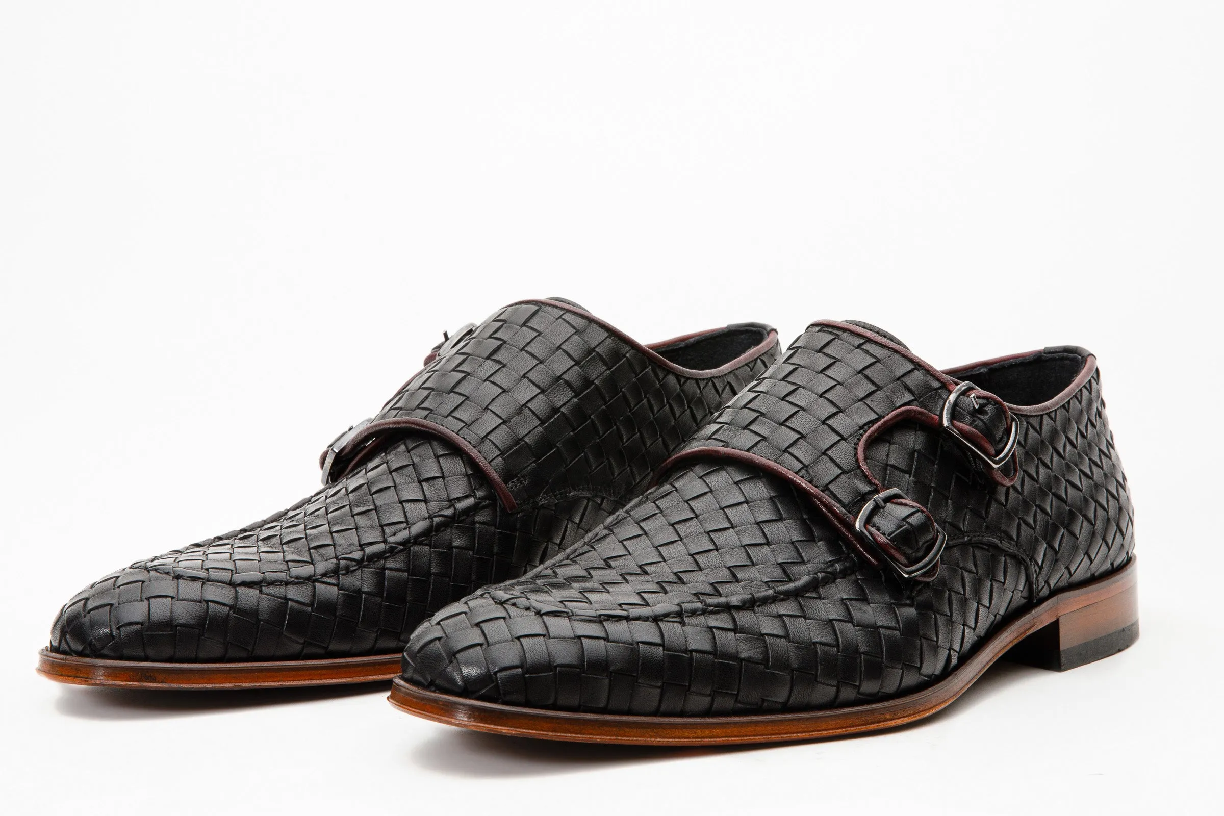 The Turan Black Woven Double Monk Strap Dress Men Shoe Handcrafted