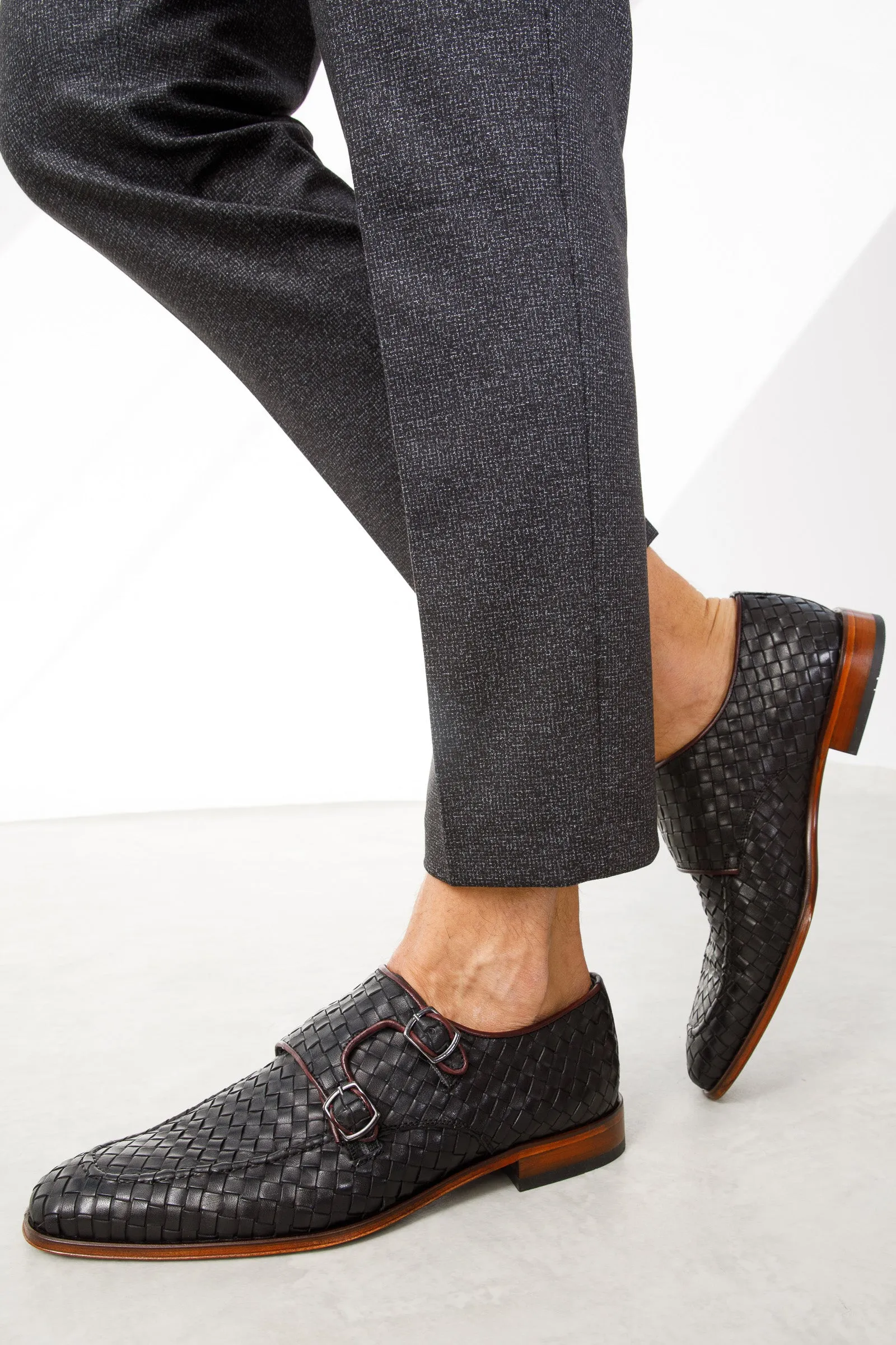 The Turan Black Woven Double Monk Strap Dress Men Shoe Handcrafted