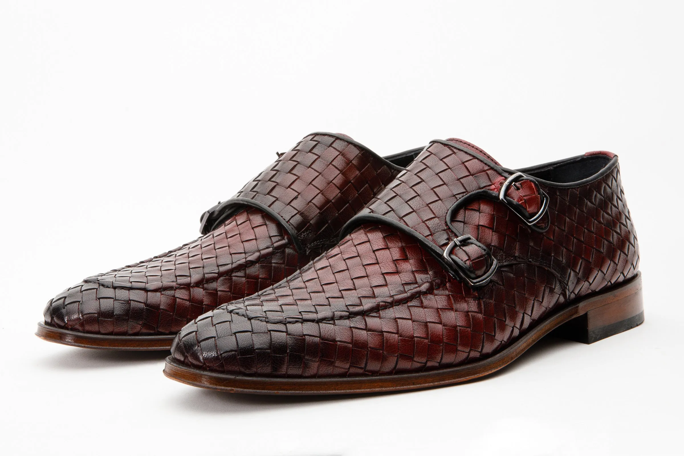 The Turan Burgundy Woven Double Monk Strap Dress Men  Shoe Crystal-Heel