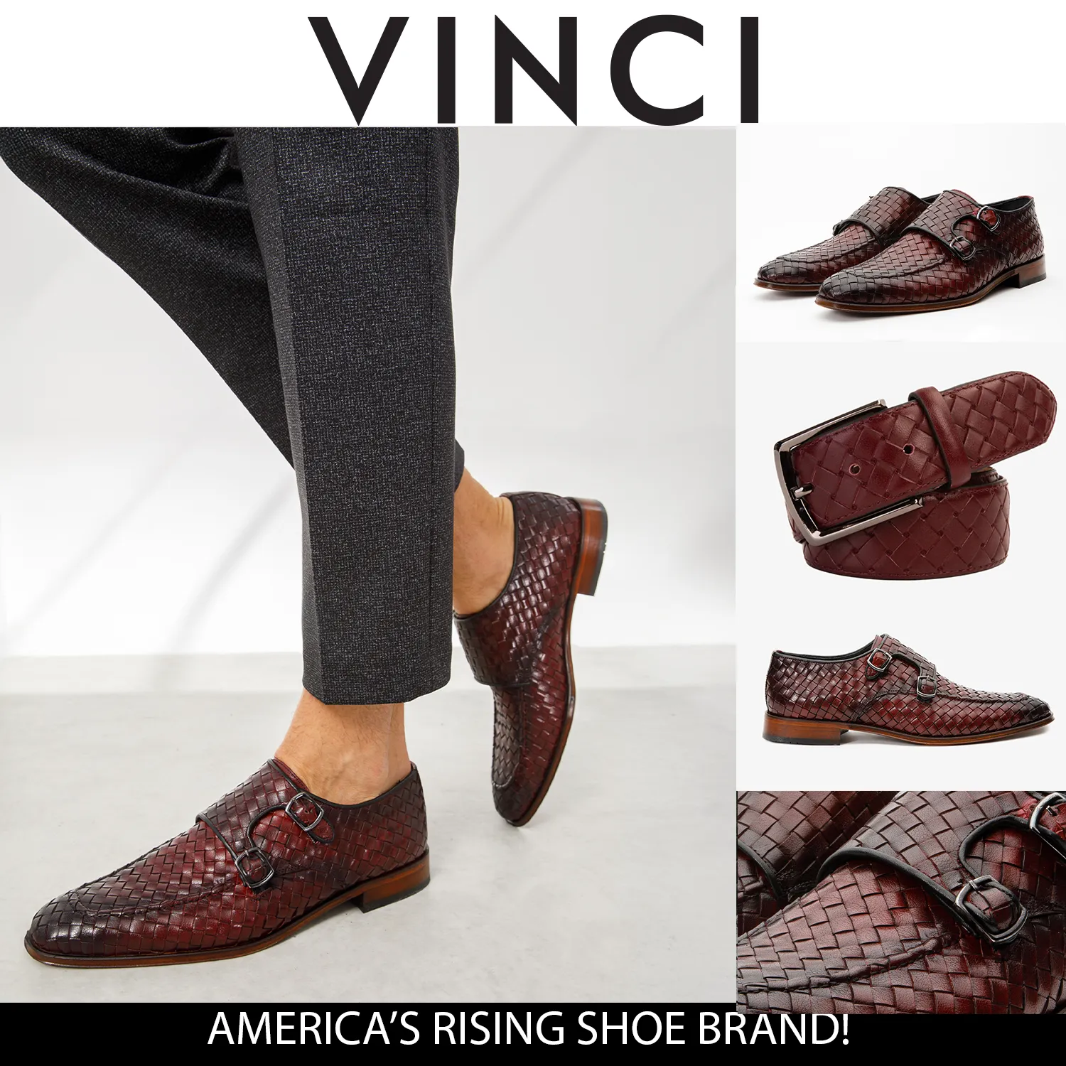 The Turan Burgundy Woven Double Monk Strap Dress Men  Shoe Crystal-Heel