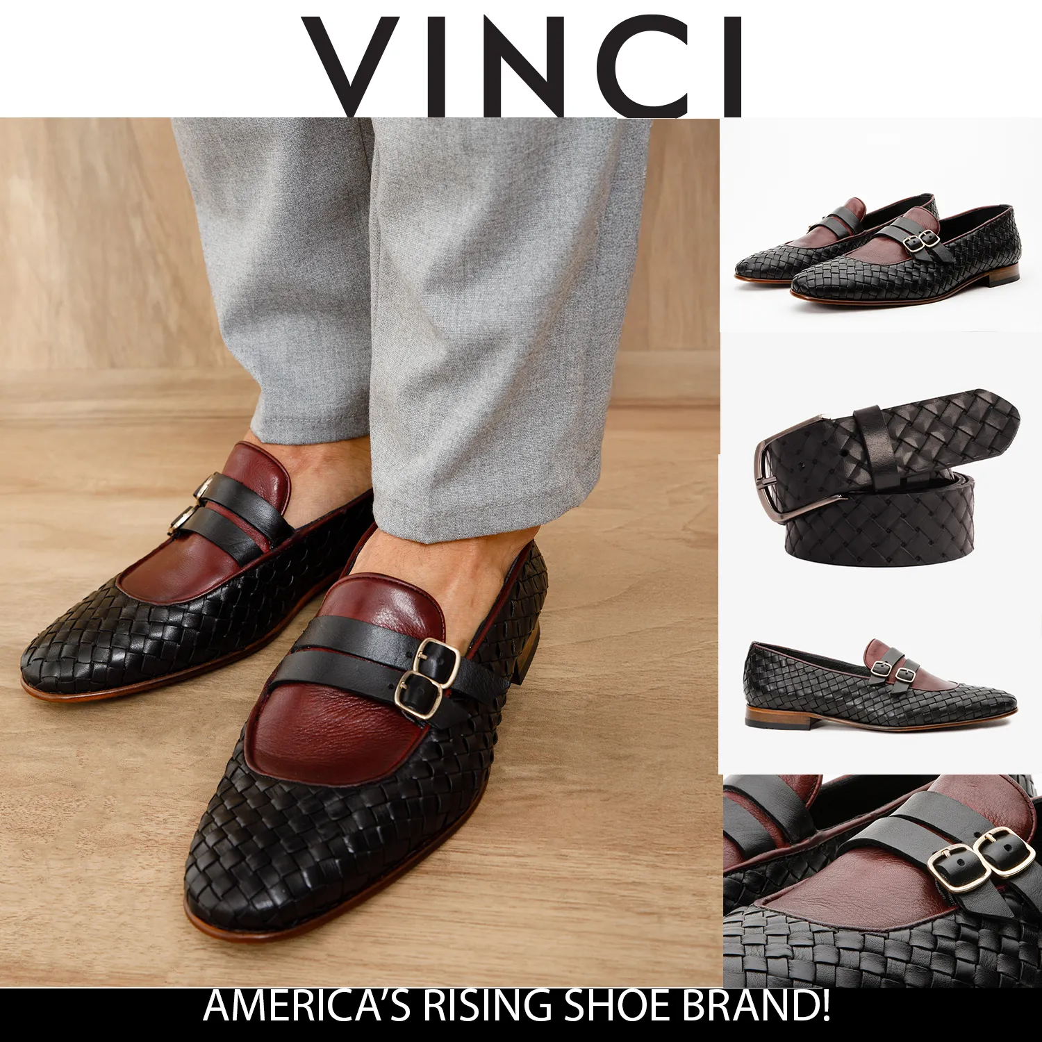 The Vatra Black & Burgundy Woven Double Monk Strap Men Shoe Designer