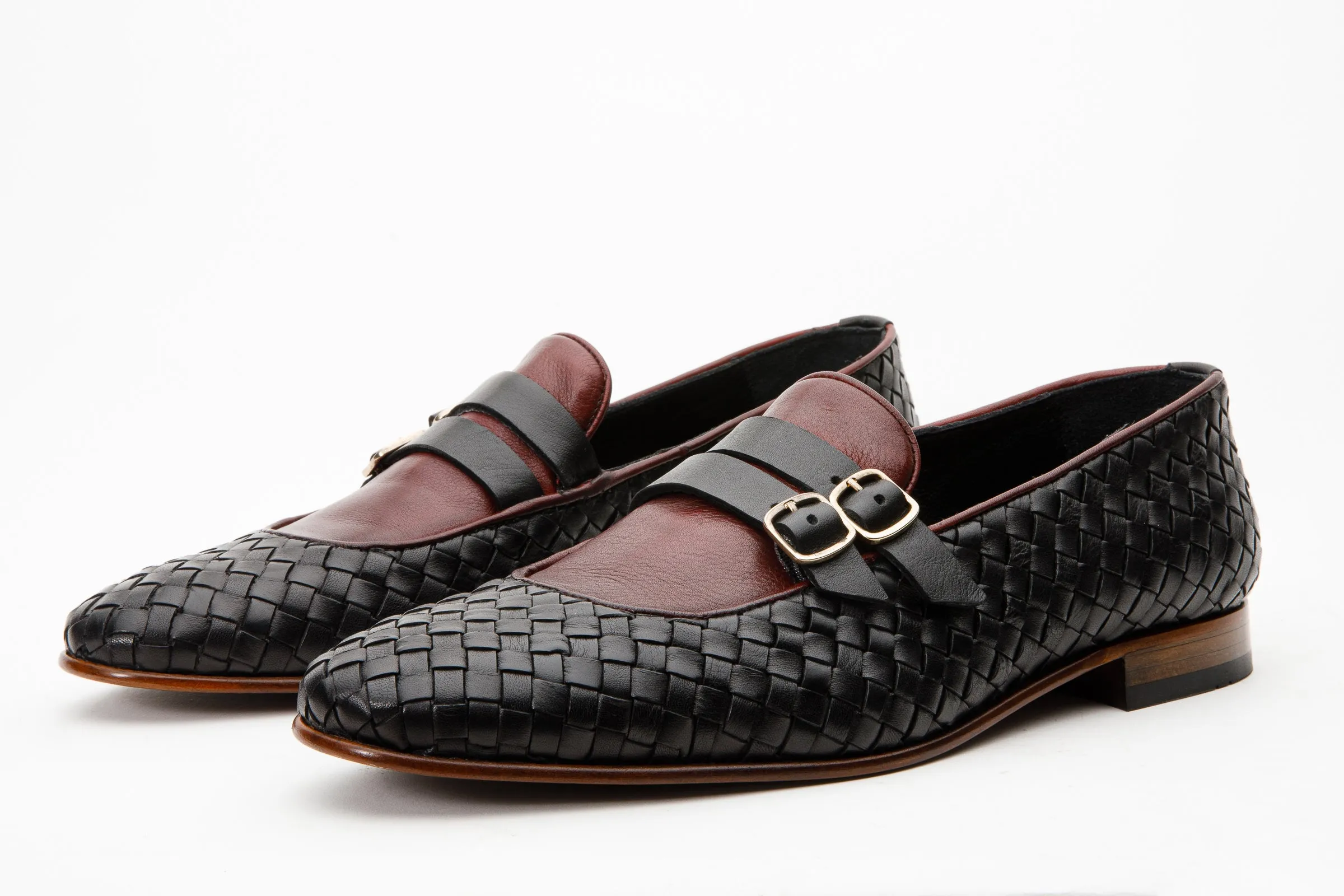The Vatra Black & Burgundy Woven Double Monk Strap Men Shoe Designer