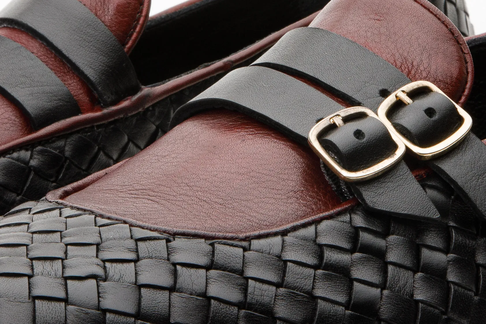 The Vatra Black & Burgundy Woven Double Monk Strap Men Shoe Designer