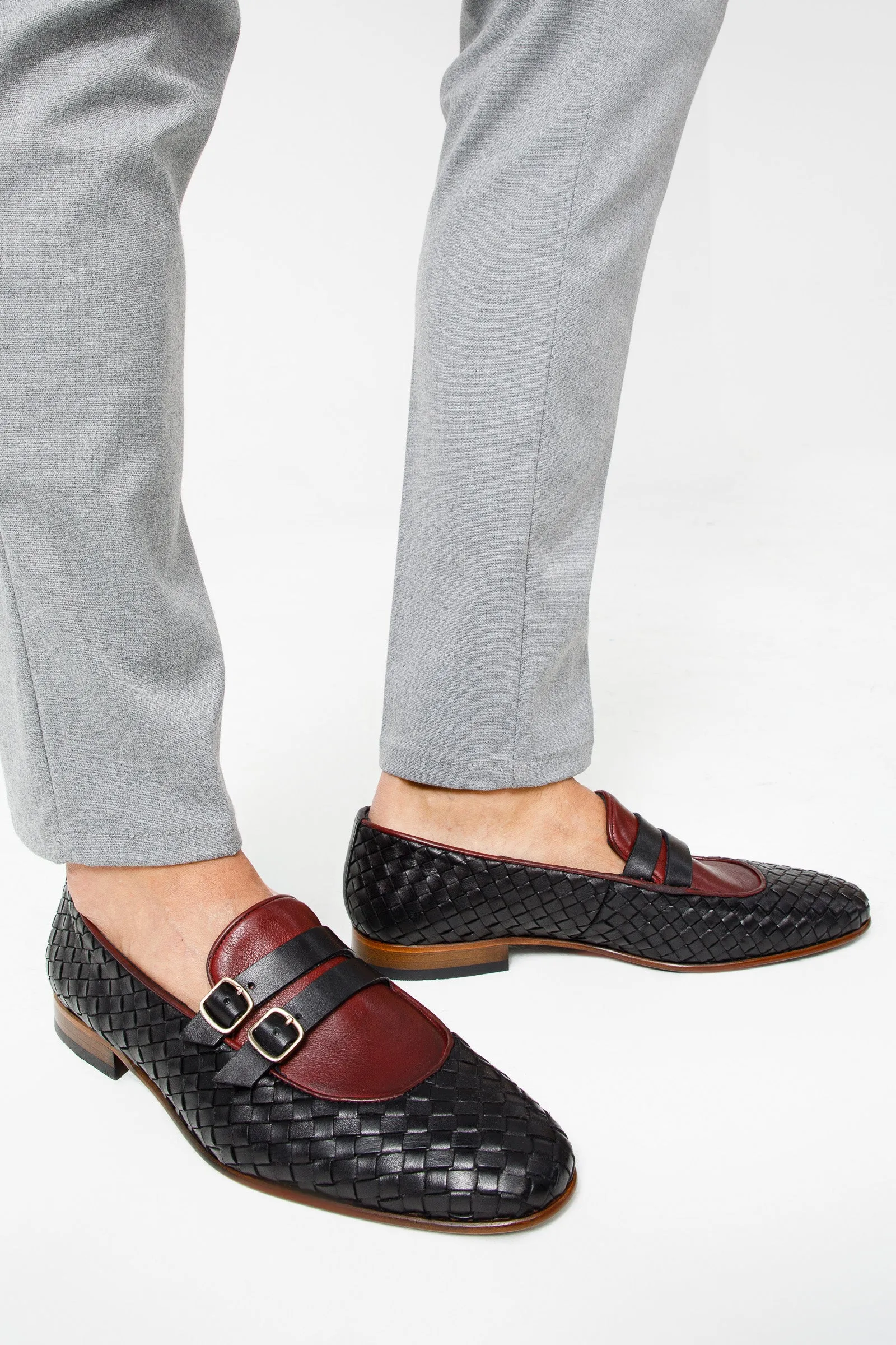 The Vatra Black & Burgundy Woven Double Monk Strap Men Shoe Designer