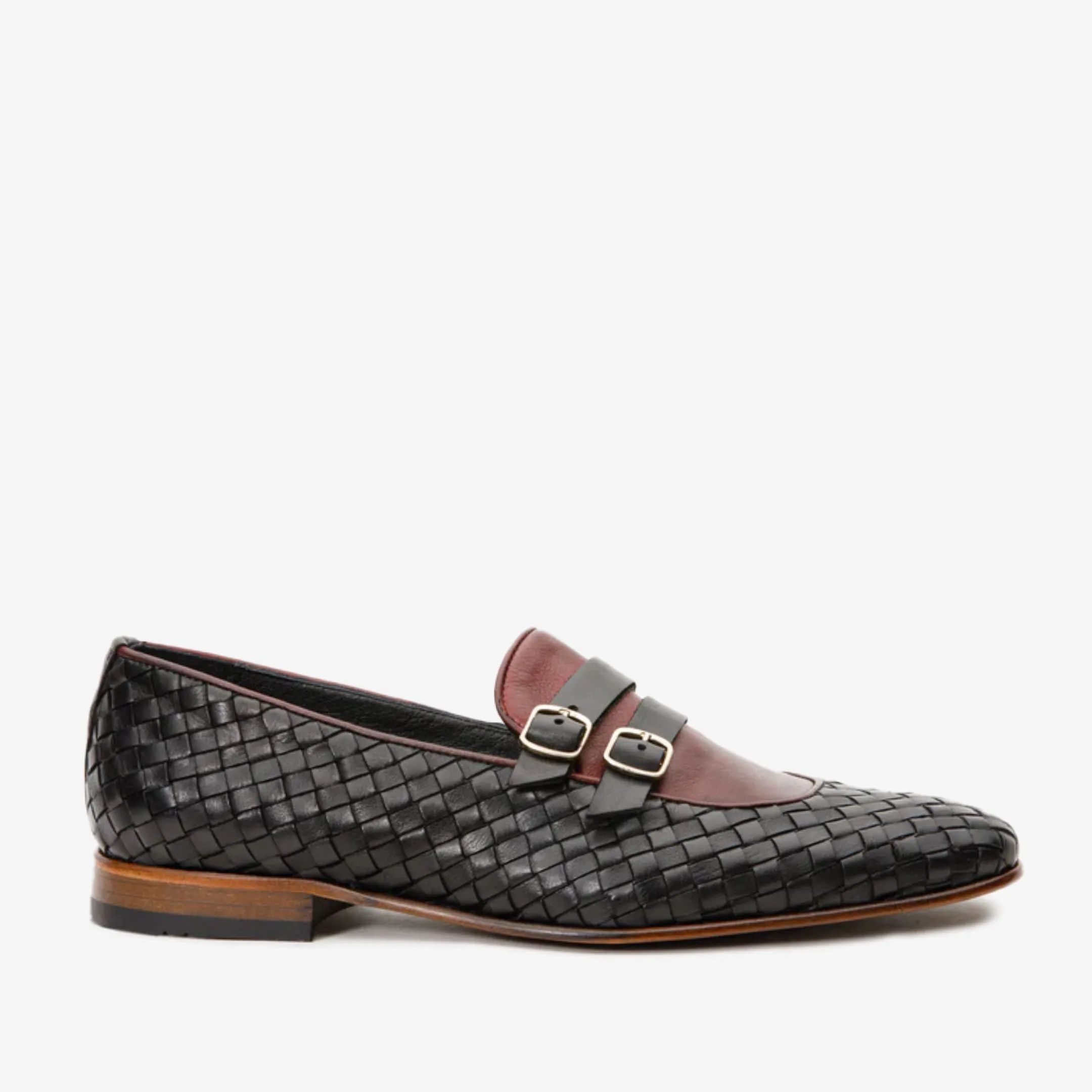 The Vatra Black & Burgundy Woven Double Monk Strap Men Shoe Timeless Chic