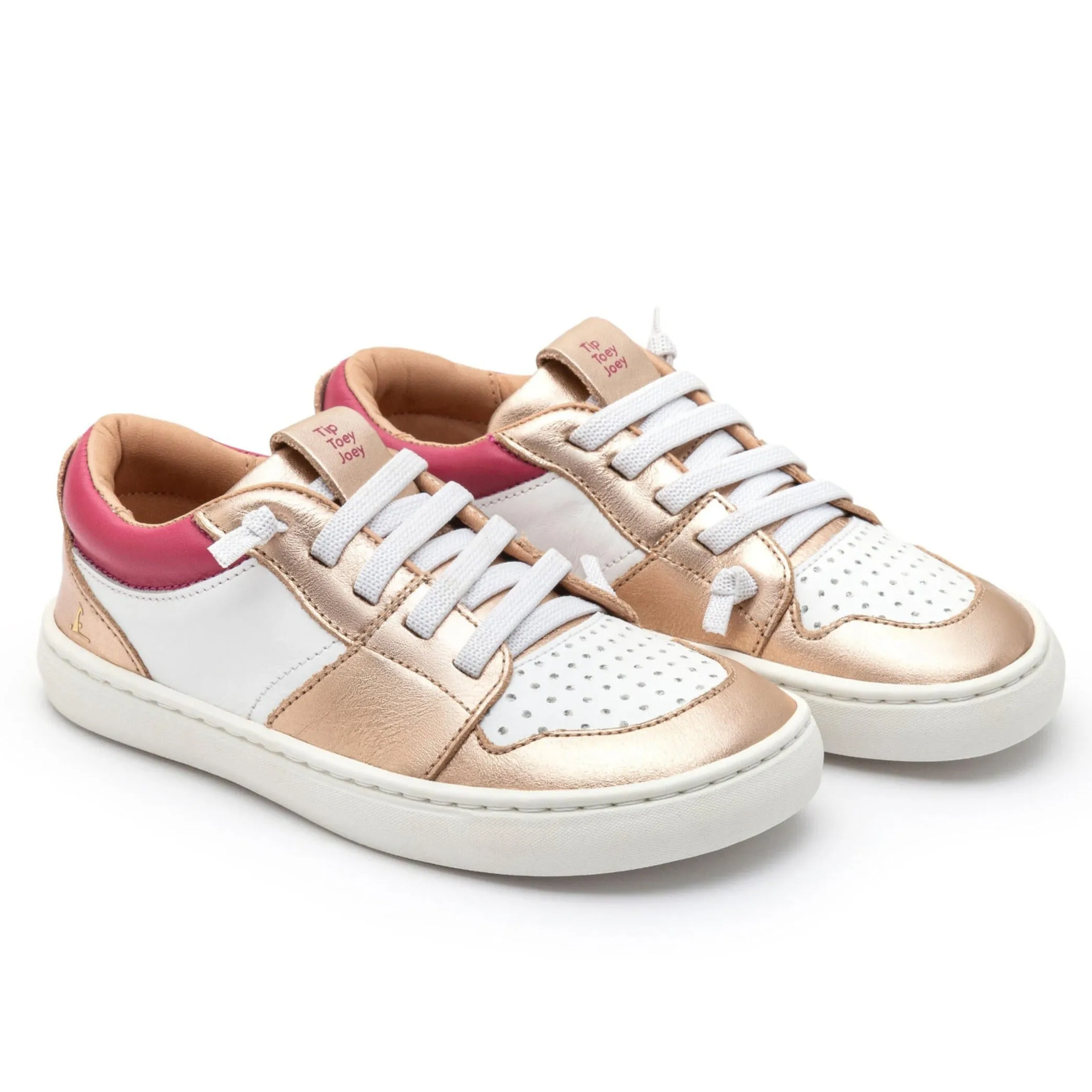 Tip Toey Joey Girl's Ollie Sneakers - White/Metallic Salmon Ribbon Details