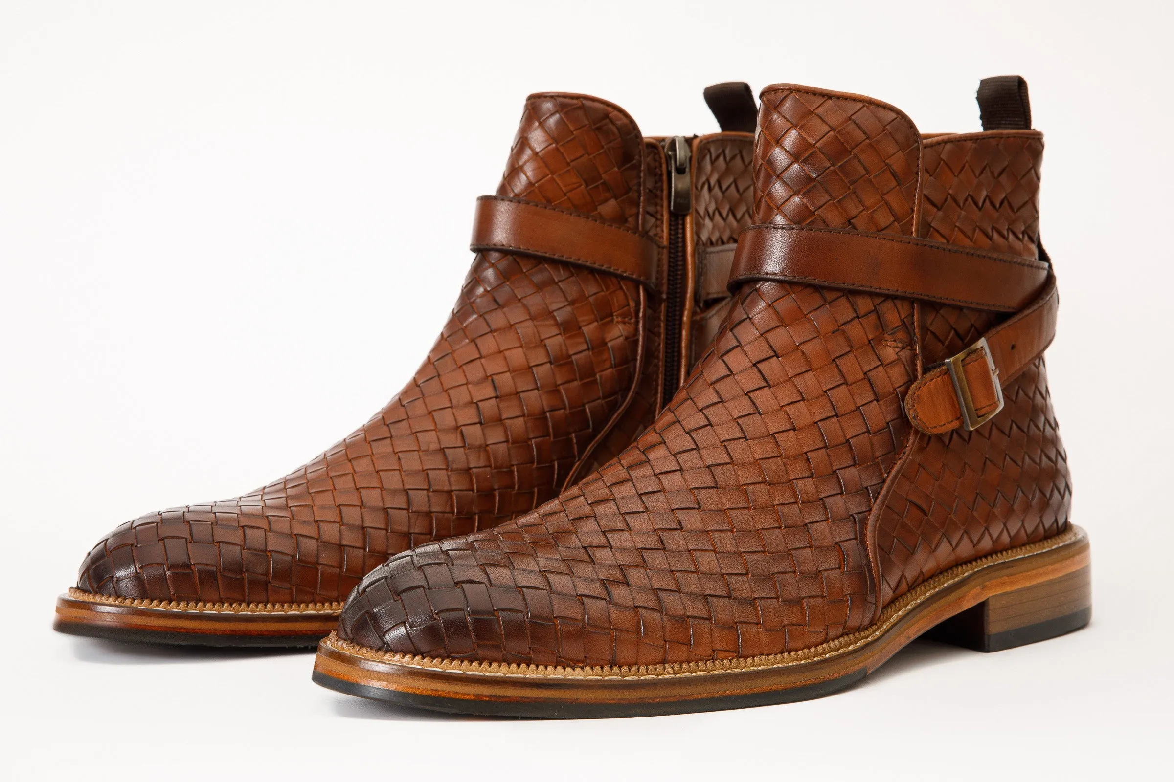 Toe-Guard The Morral Tan Handwoven Leather Cross Strap Buckle Zip-Up Men Boot
