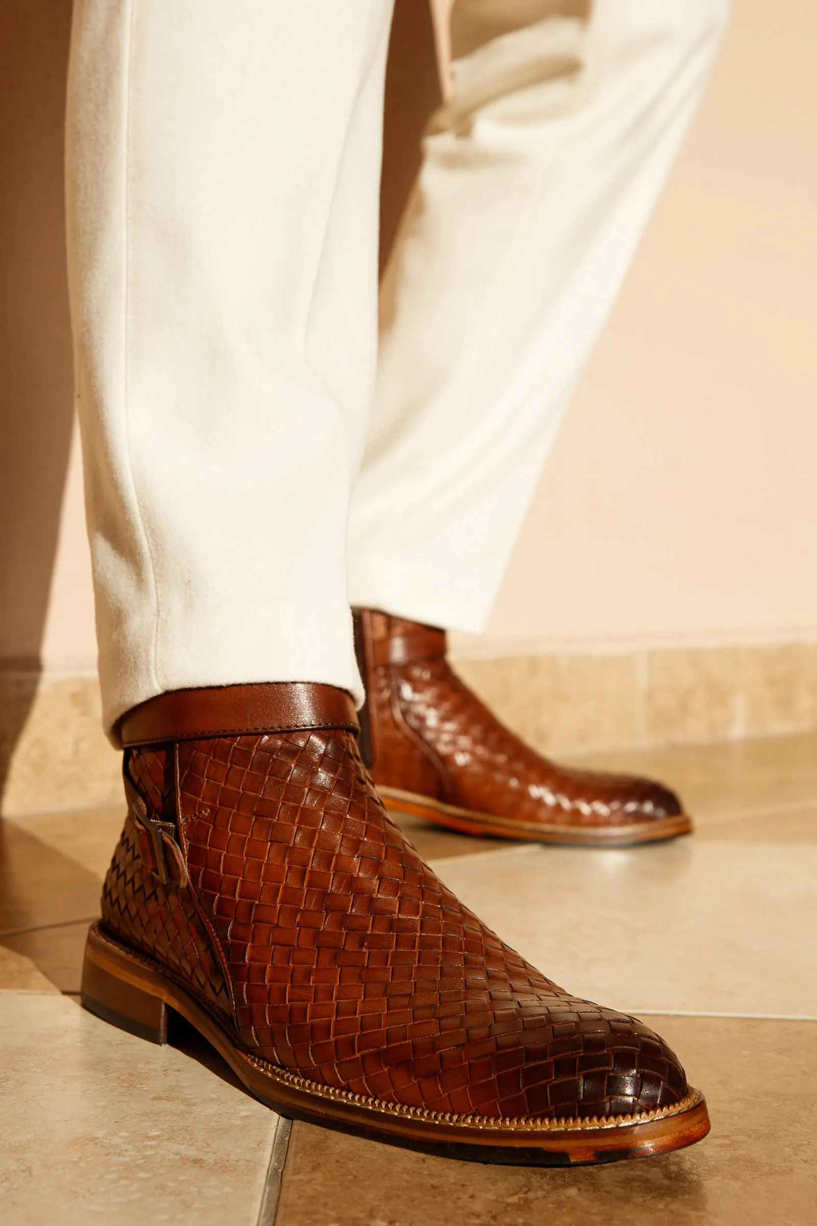 Toe-Guard The Morral Tan Handwoven Leather Cross Strap Buckle Zip-Up Men Boot