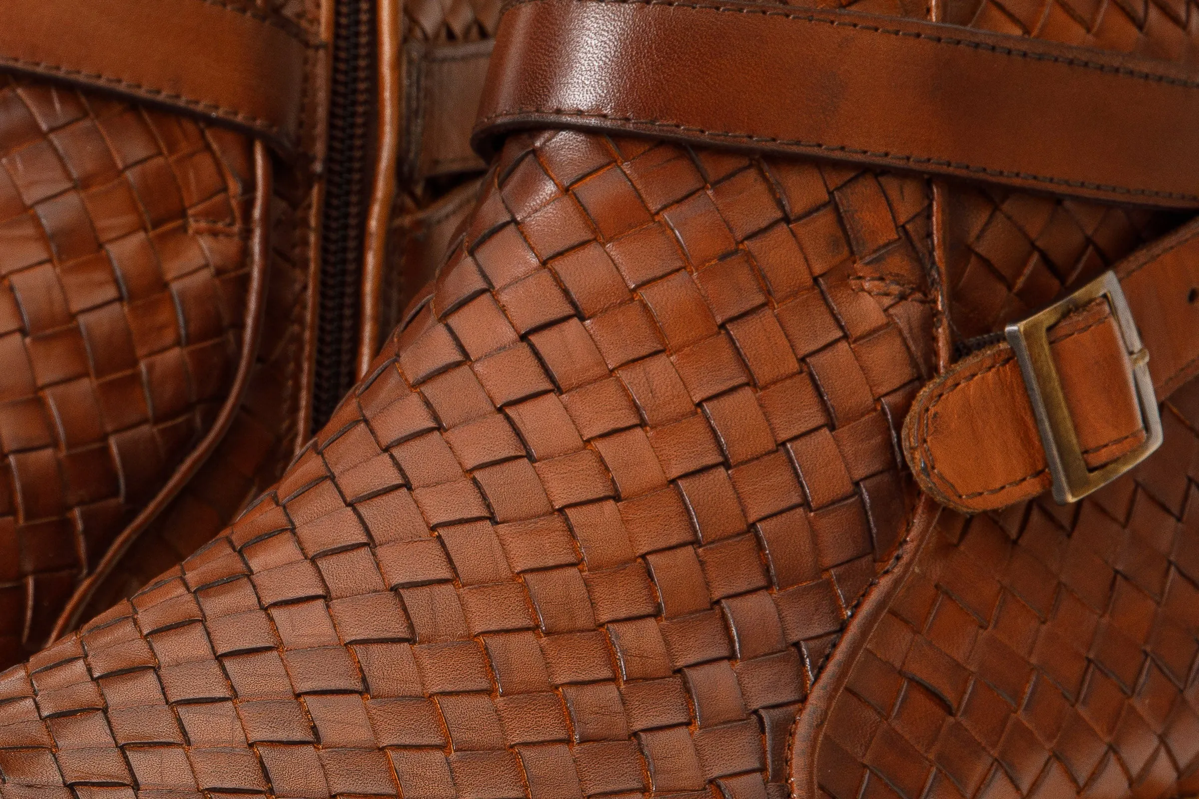 Toe-Guard The Morral Tan Handwoven Leather Cross Strap Buckle Zip-Up Men Boot