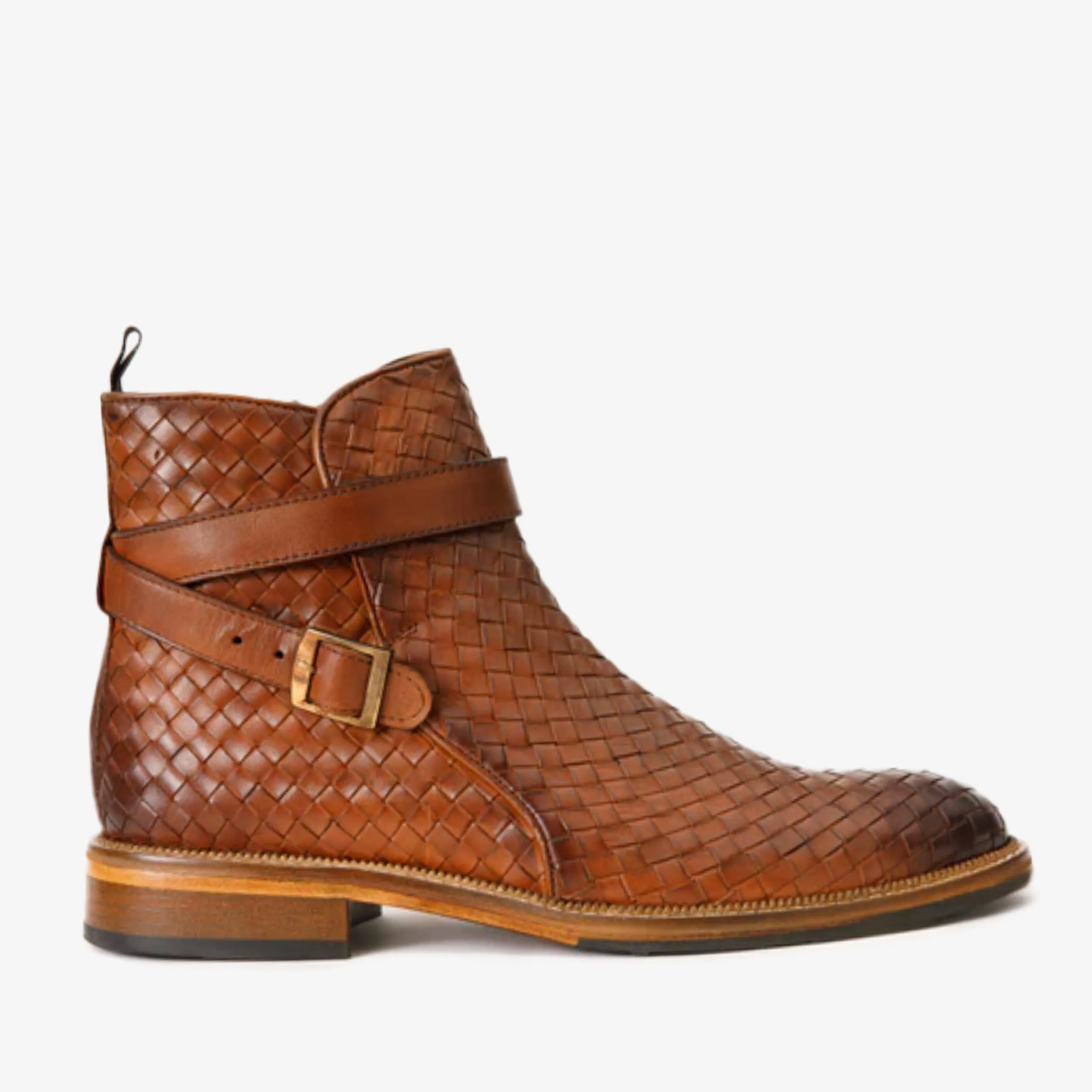 The Morral Tan Handwoven Leather Cross Strap Buckle Zip-Up Men Boot Soft