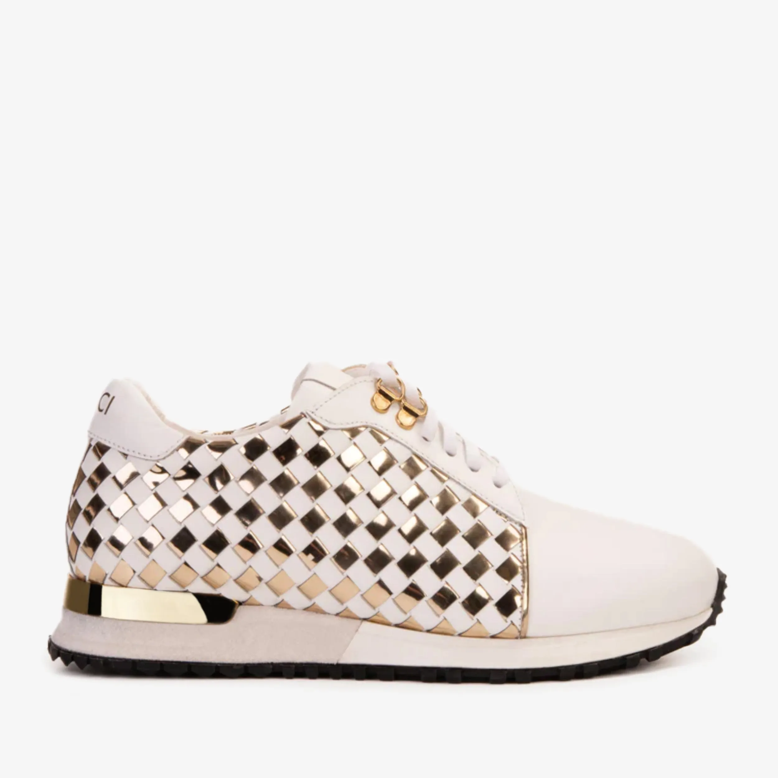 The Mackenzie White & Gold Woven Leather Men Sneaker Anti Bacterial