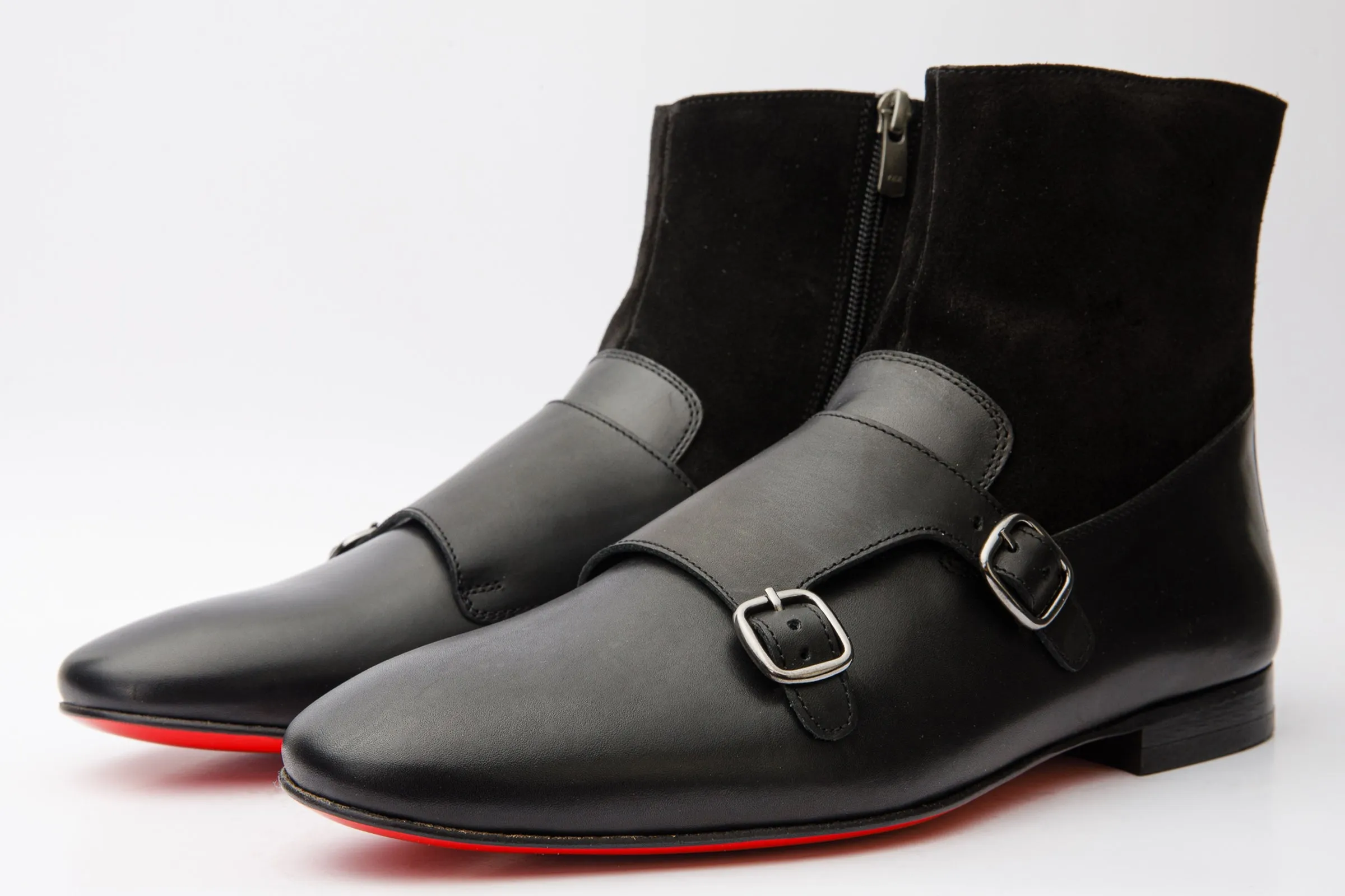 Traction Preston Black Leather & Suede Double Monk Strap Ankle Men Boot