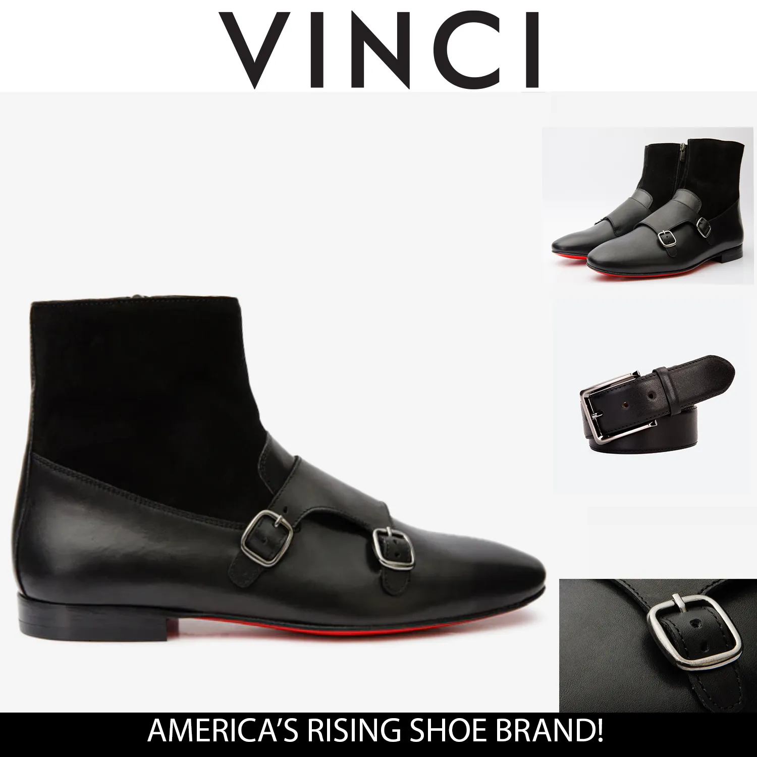 Traction Preston Black Leather & Suede Double Monk Strap Ankle Men Boot