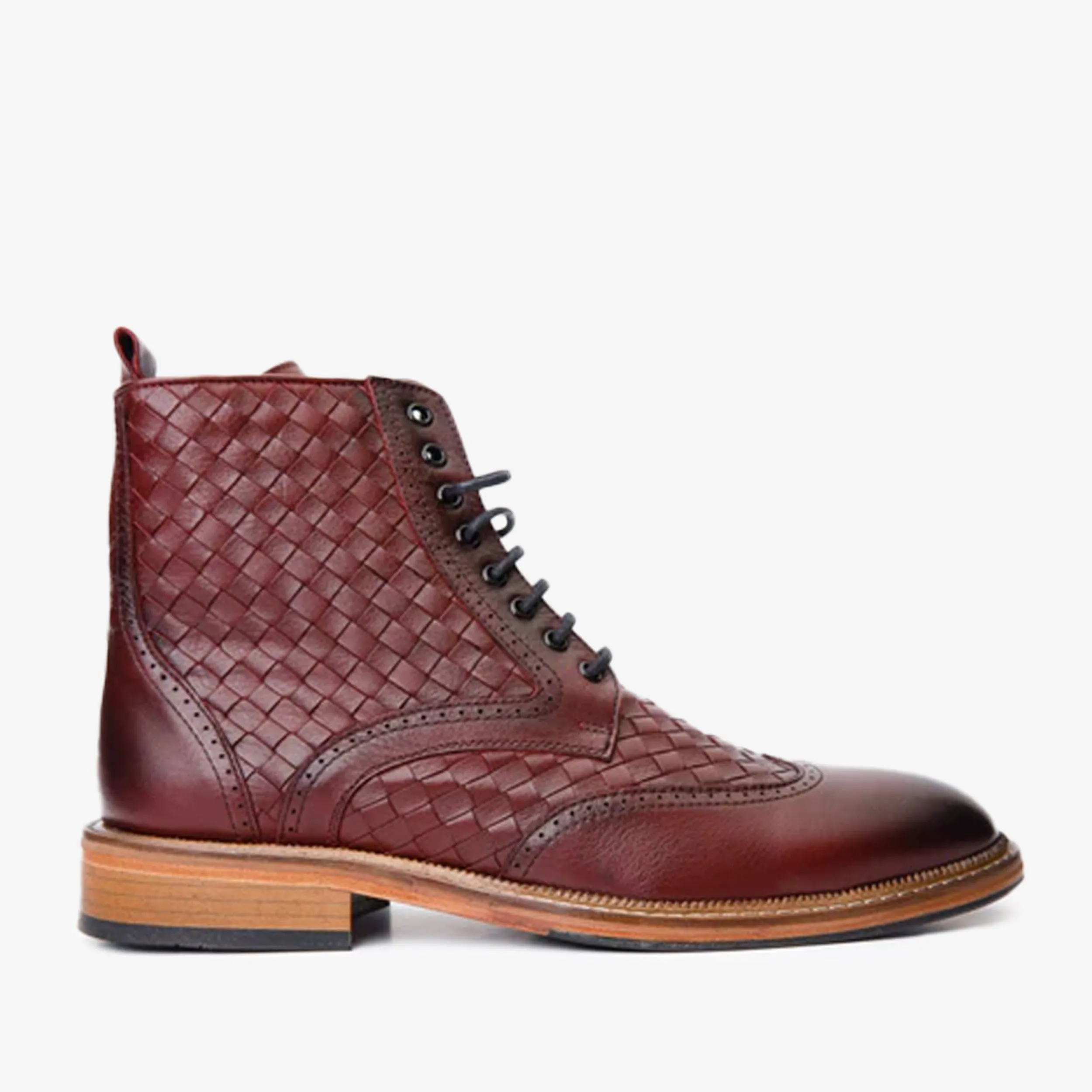 Street Run The Loddon Burgundy Leather Wingtip Brogue Handwoven Lace-Up Men Boot with a Zipper