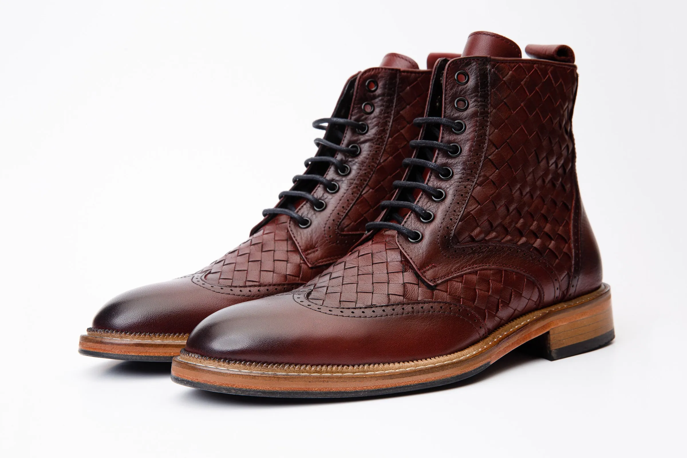 Vent-Tech The Loddon Burgundy Leather Wingtip Brogue Handwoven Lace-Up Men Boot with a Zipper