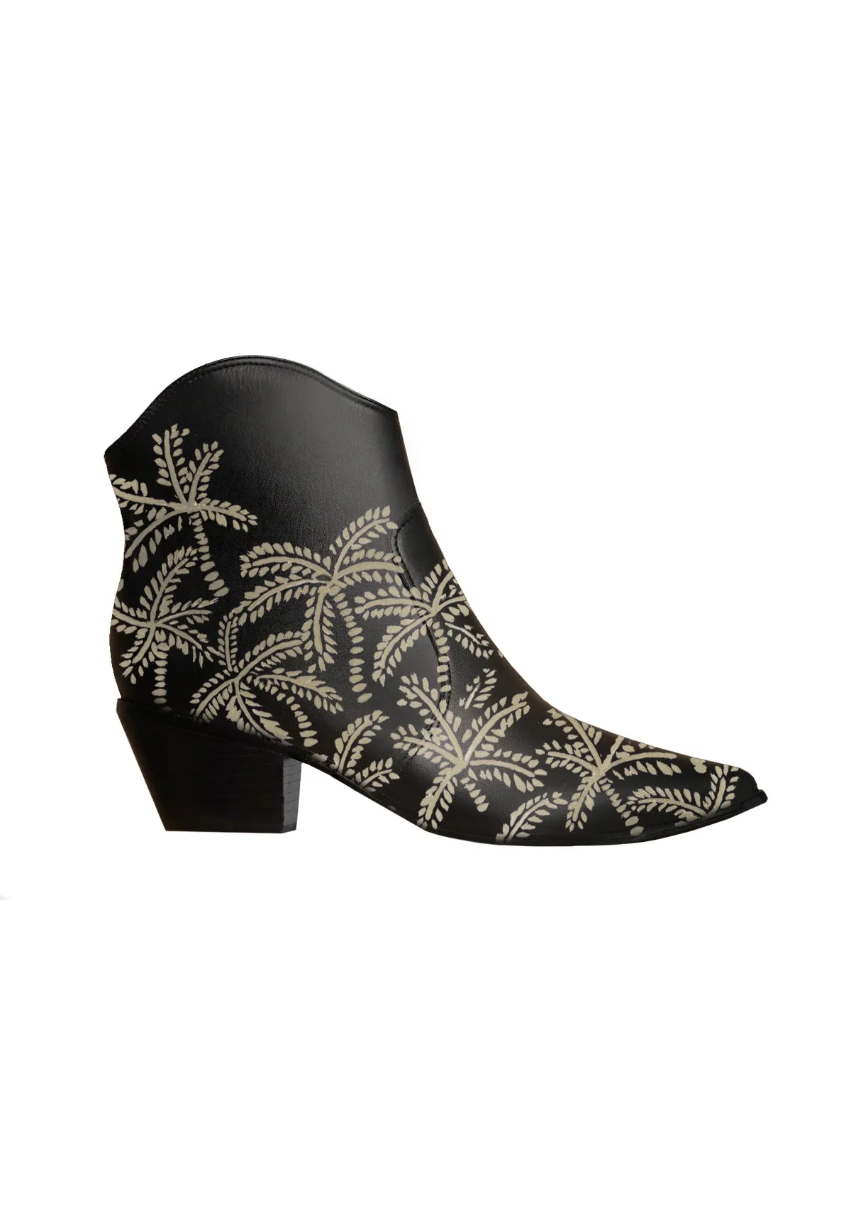Classic Color Beige Abstract Palms Black Cowboy Boot