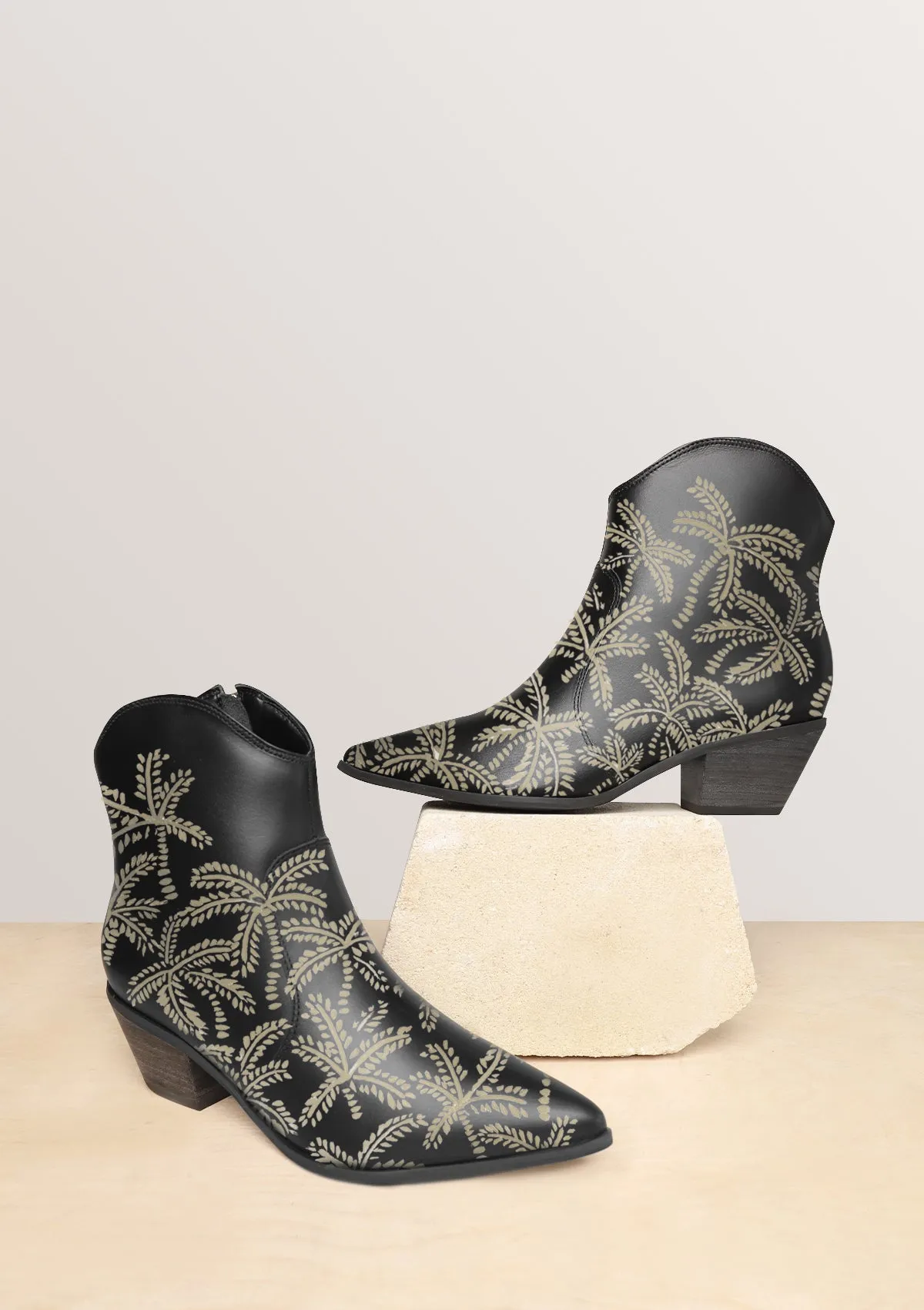 Versatile use Beige Abstract Palms Black Cowboy Boot